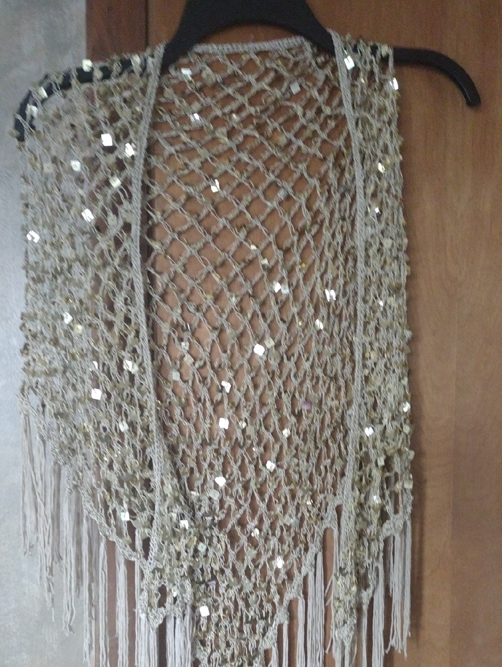 Source Unknown Beige Crochet Sequin Fringe Shawl
